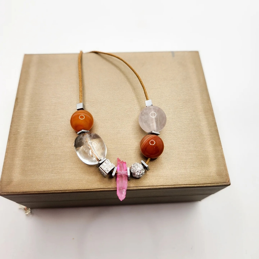 Red Agate, Clear Quartz, charm cord necklace